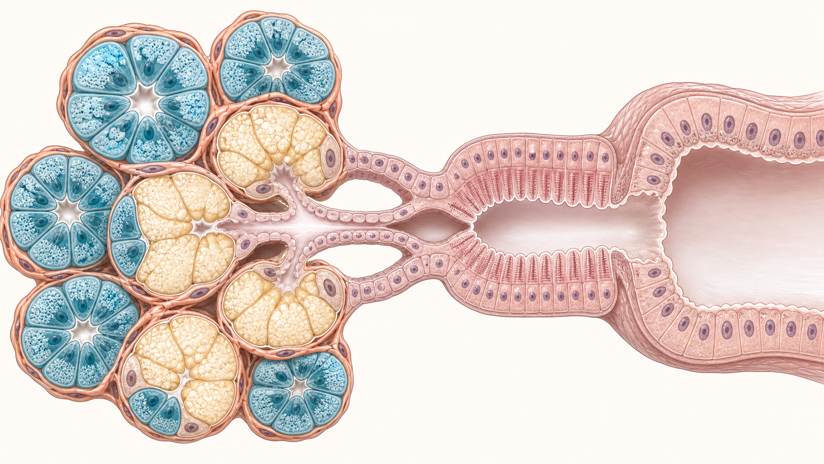 Medical illustration of mixed serous and mucous salivary acini draining through progressively larger ducts.