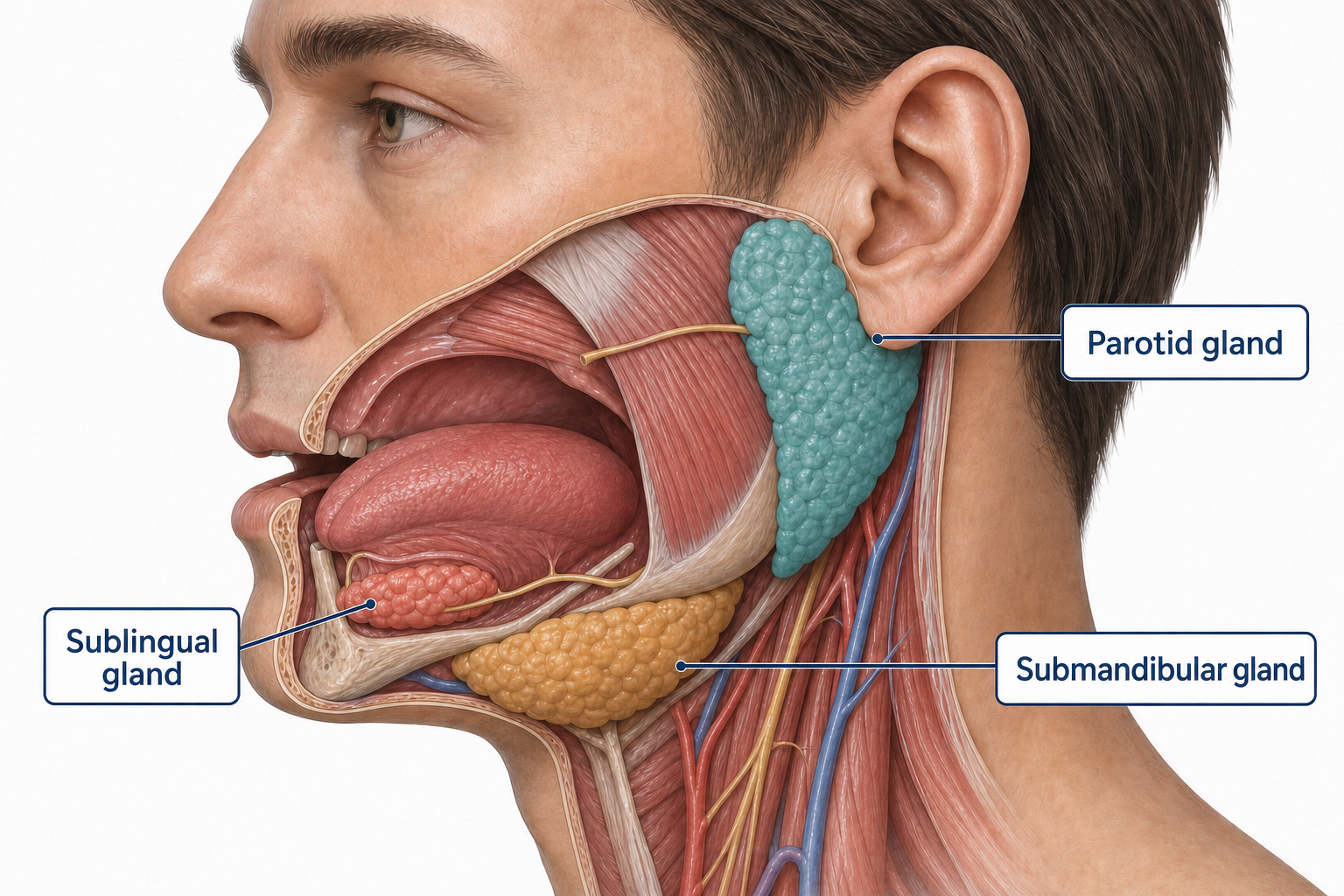 Labeled anatomical lateral cutaway of a human head showing the parotid gland near the ear, the submandibular gland beneath the mandible, and the sublingual gland beneath the tongue.