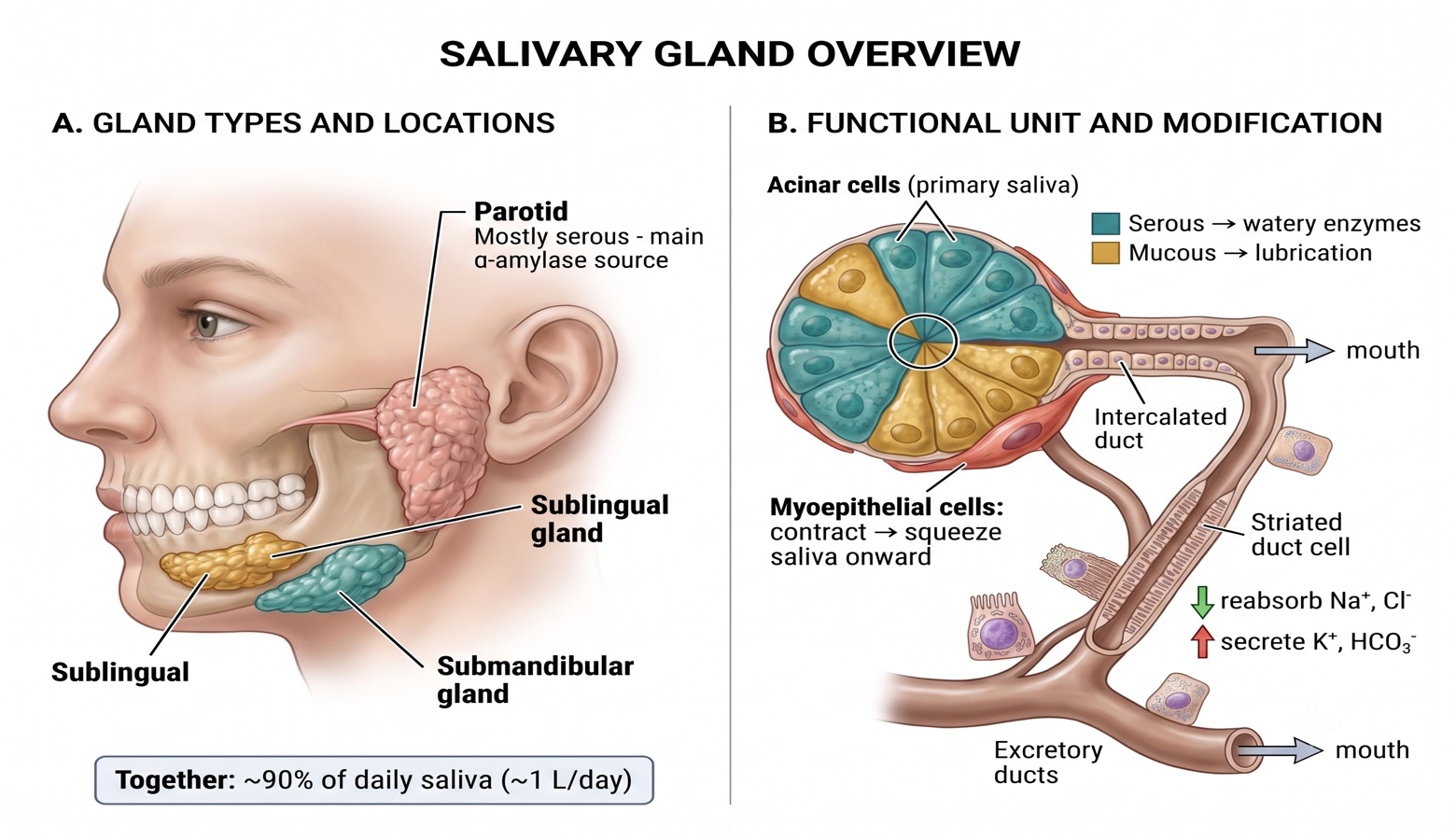 Salivary gland overview: panel A shows the parotid, submandibular, and sublingual glands in facial profile; panel B shows an acinus (serous vs. mucous cells) draining through an intercalated and striated duct, with myoepithelial cells and duct-cell ion transport labeled.